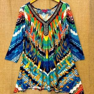 Max & Rina Top L Wearable Art Stretch Knit Beaded Neckline Popover Shirt Blouse
